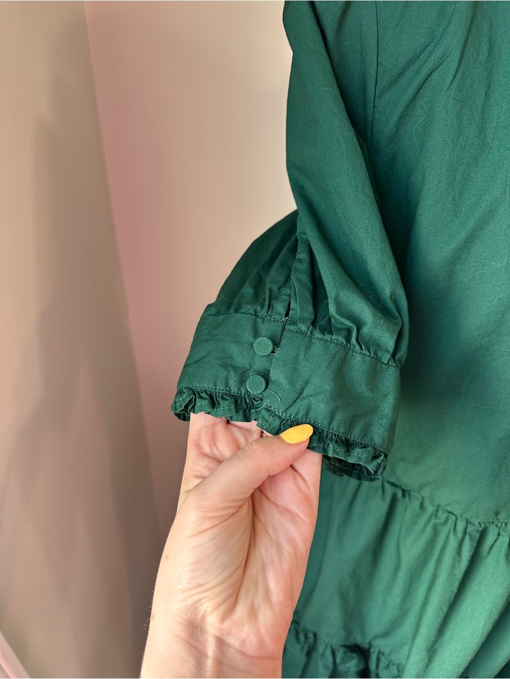 J.Crew Dark Green Cotton Tiered Mini Dress Split Neck Puff Sleeve Ruffle Medium - Picture 5 of 7